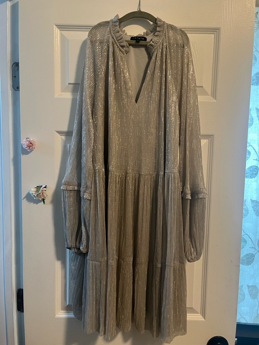 1. State Metallic Ruffle-Trim Open Jacket in Silver